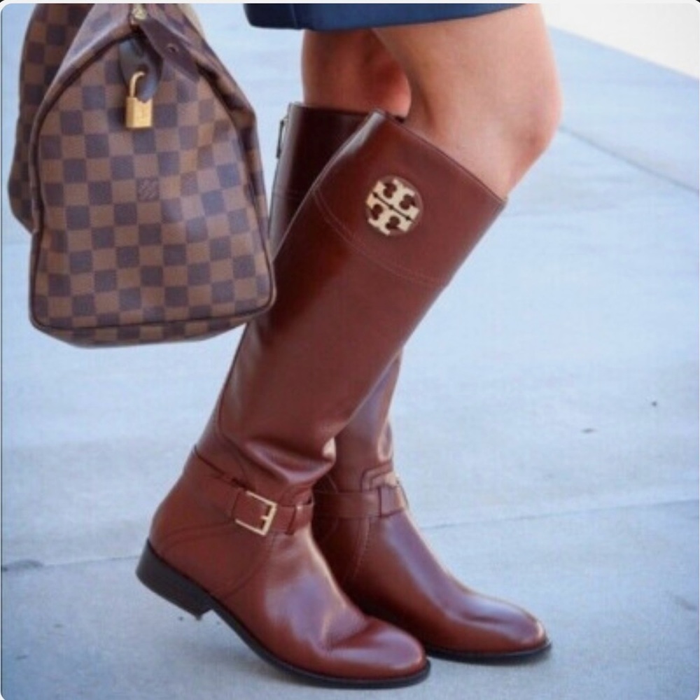 Tory Burch Chestnut Brown Leather Knee Boots with Gold Logo